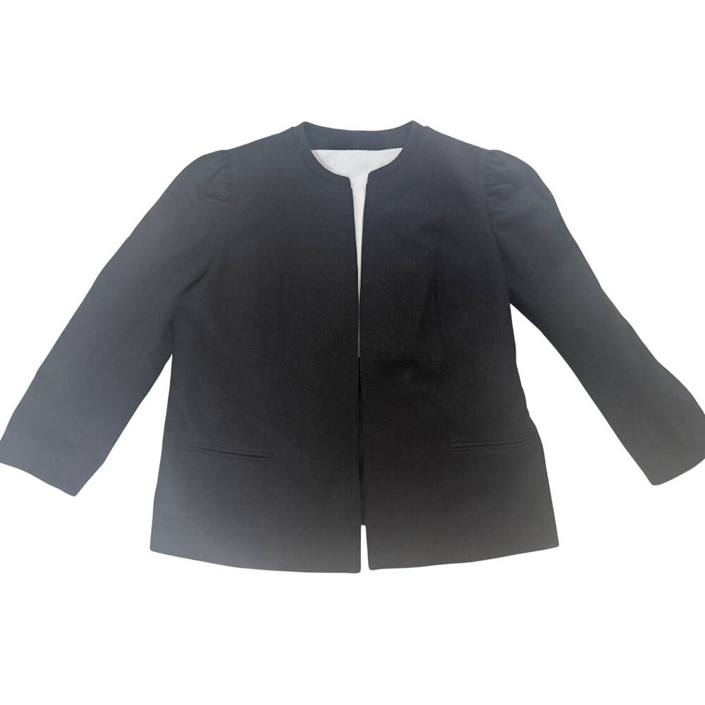 Vintage 80s Wool Puff Sleeve Black Blazer Women’s XL | Minimalist Collarless Jac